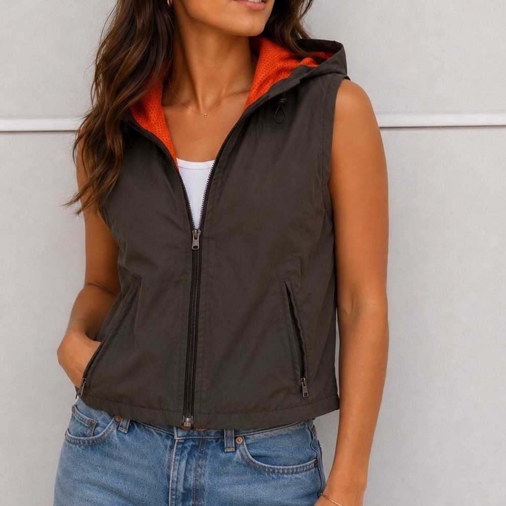 Vtg No Boundaries Hooded Zip Up Vest Olive Brown Orange‎ Mesh Lining y2k S n3